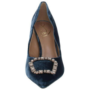 Sam Edelman Harriett Blue Velvet Crystal Embellished Buckle Pumps 8.5 Retro Glam